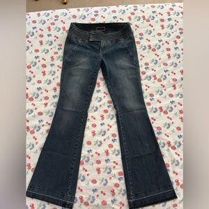 90’s Vintage low rise flare jeans hem on one leg came unstitched easy fix